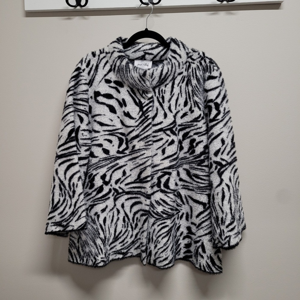 Joseph Ribkoff Zebra Print Eyelash Knit Swing Jacket Black White Funnel Neck L